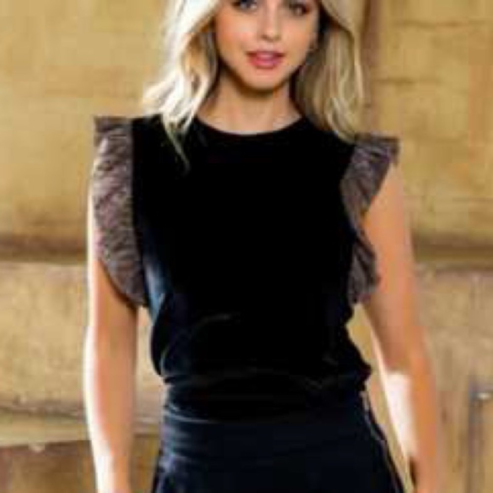 THML Black Velvet Top with Gold Ruffle Sleeves, NWOT